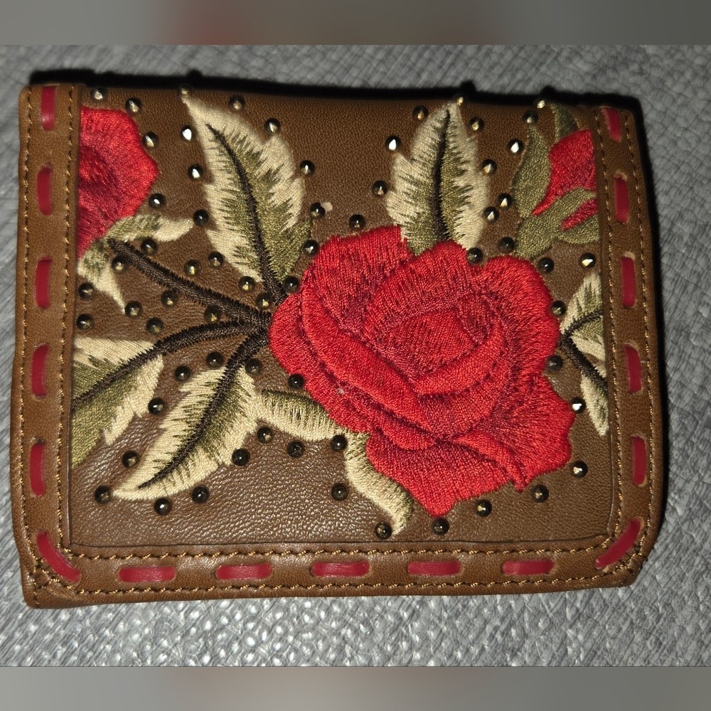 NWT Isabella Fiore Brown Leather Wallet with Red Floral Embroidery